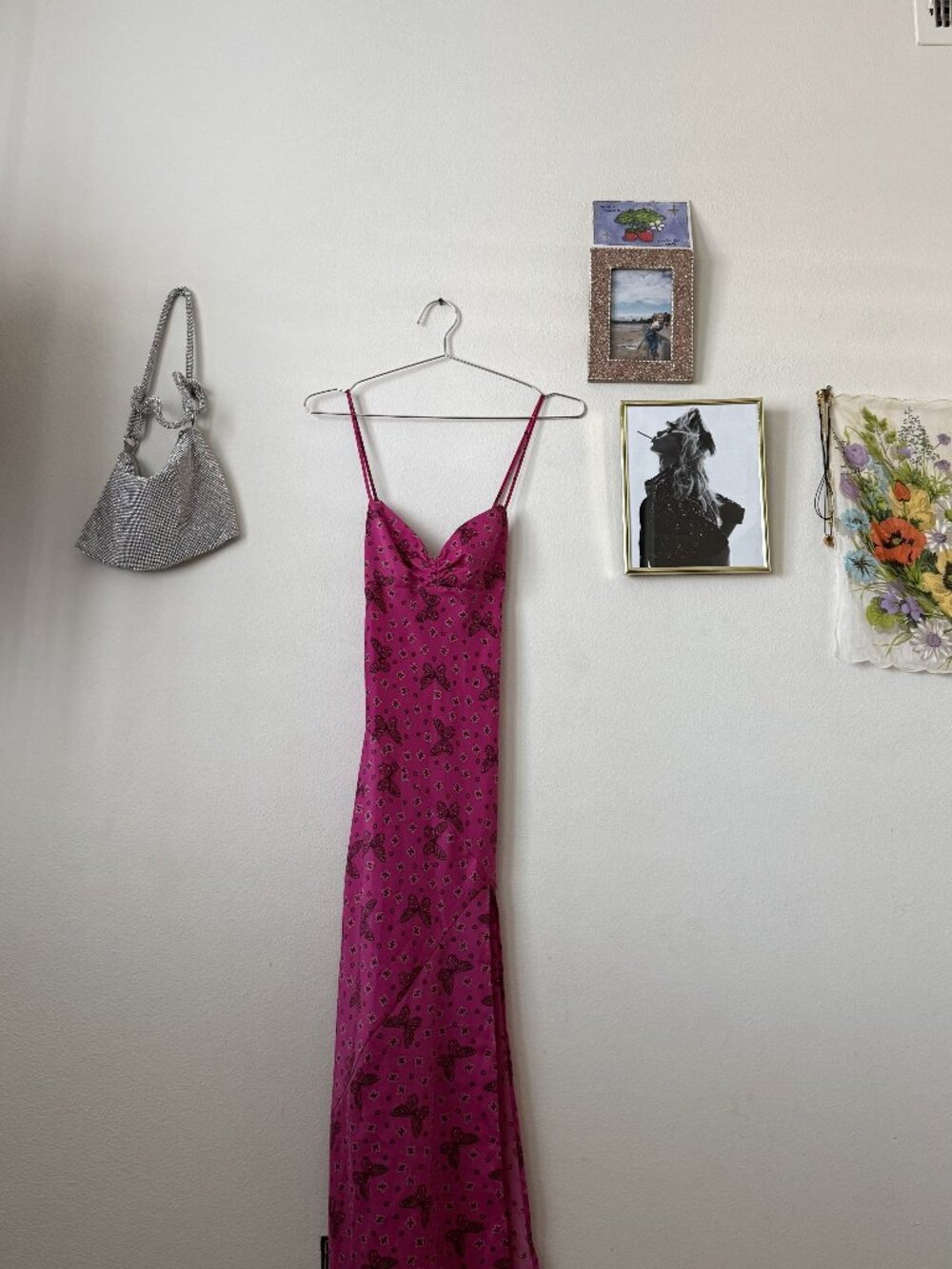 Urban Outfitters Pink Butterfly Print Satin Maxi Slip Dress XS